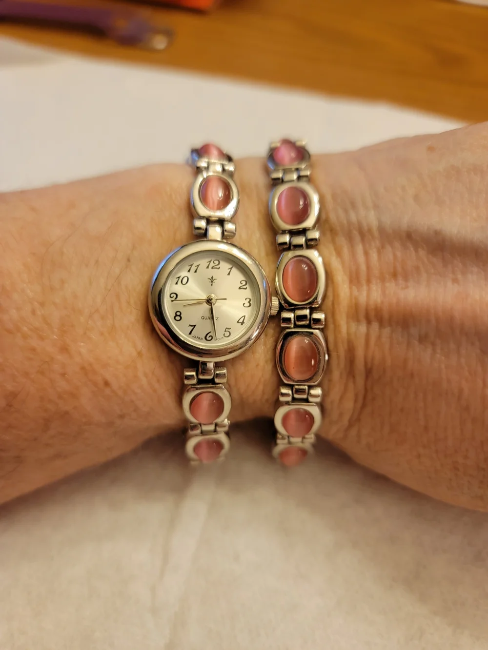 Women's Silver Bracelet Watch with Pink Stone Accents
